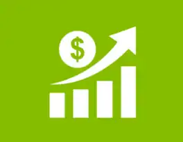 White bar graph with an upward arrow and a dollar symbol on a green background, representing financial growth or increasing profits.