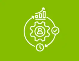 White line icons of a bar chart, gear with person, clock, and check marks are connected in a circular flow on a green background, representing process optimization or efficiency.