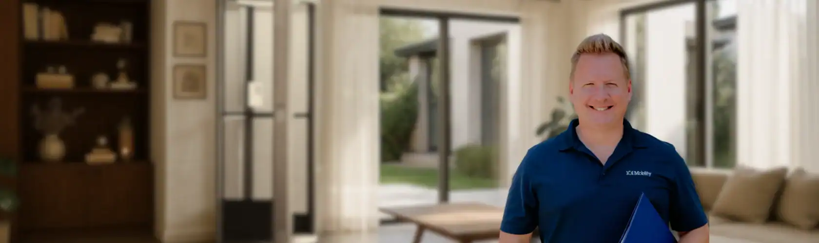 A person in a blue collared shirt stands smiling indoors, holding a blue folder, with a modern living room and large windows in the background.
