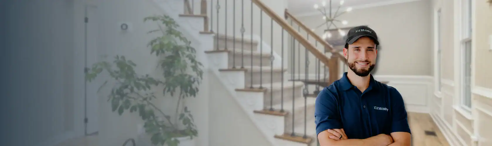A man in a blue polo shirt and cap stands with arms crossed in front of a staircase in a modern home interior.