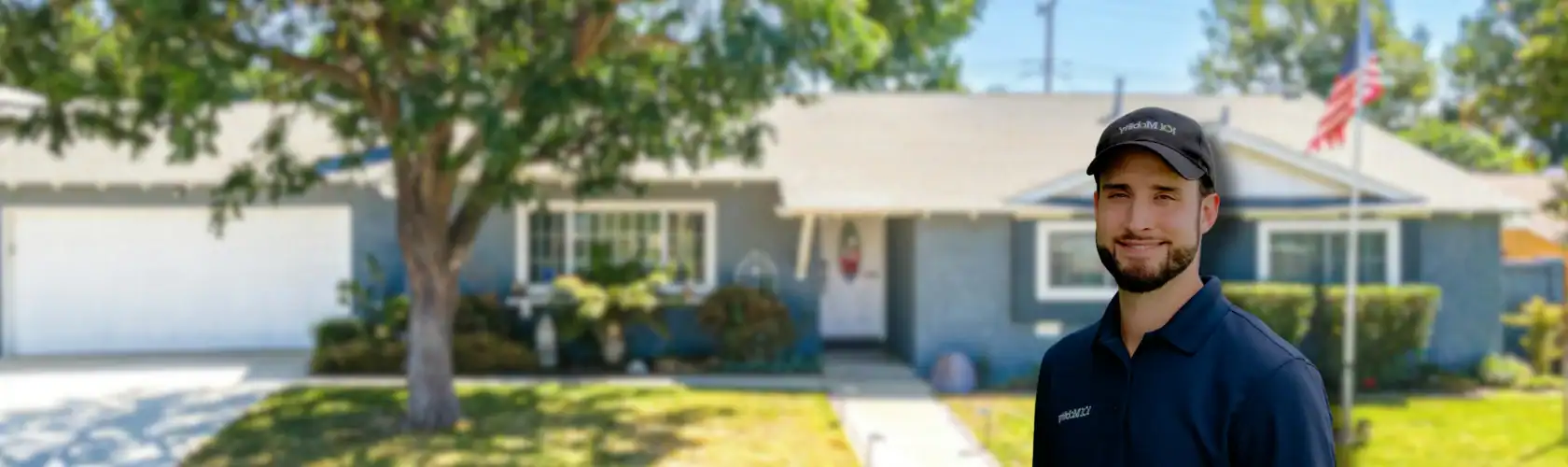 A man in a dark uniform and cap stands outside in front of a suburban house with a lawn, trees, and an American flag.