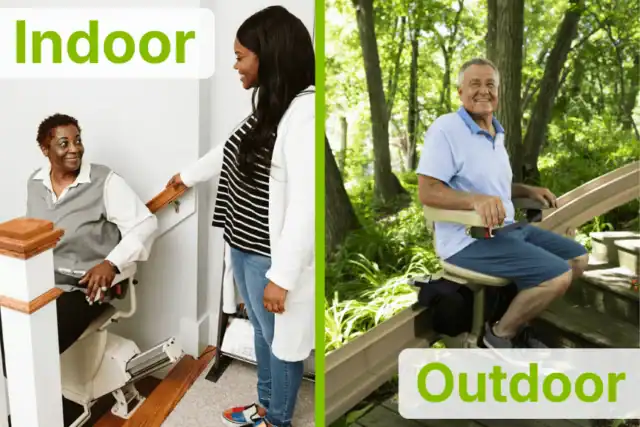 A split image showing an indoor stair lift with two women and an outdoor stair lift with a man, each labeled "Indoor" and "Outdoor" respectively.