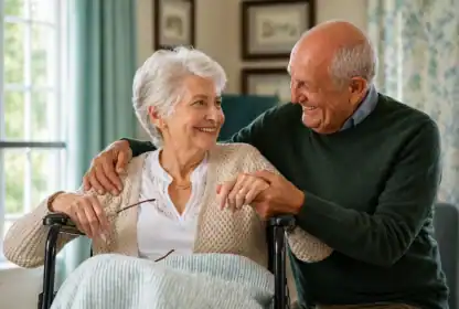 An older man and woman sit together indoors, smiling at each other. The woman is in a wheelchair with a blanket on her lap, and the man has his arm around her shoulders.
