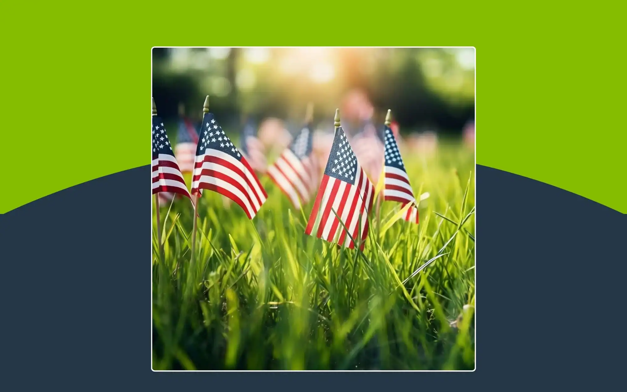Several small American flags are placed in green grass with sunlight filtering through trees in the background.