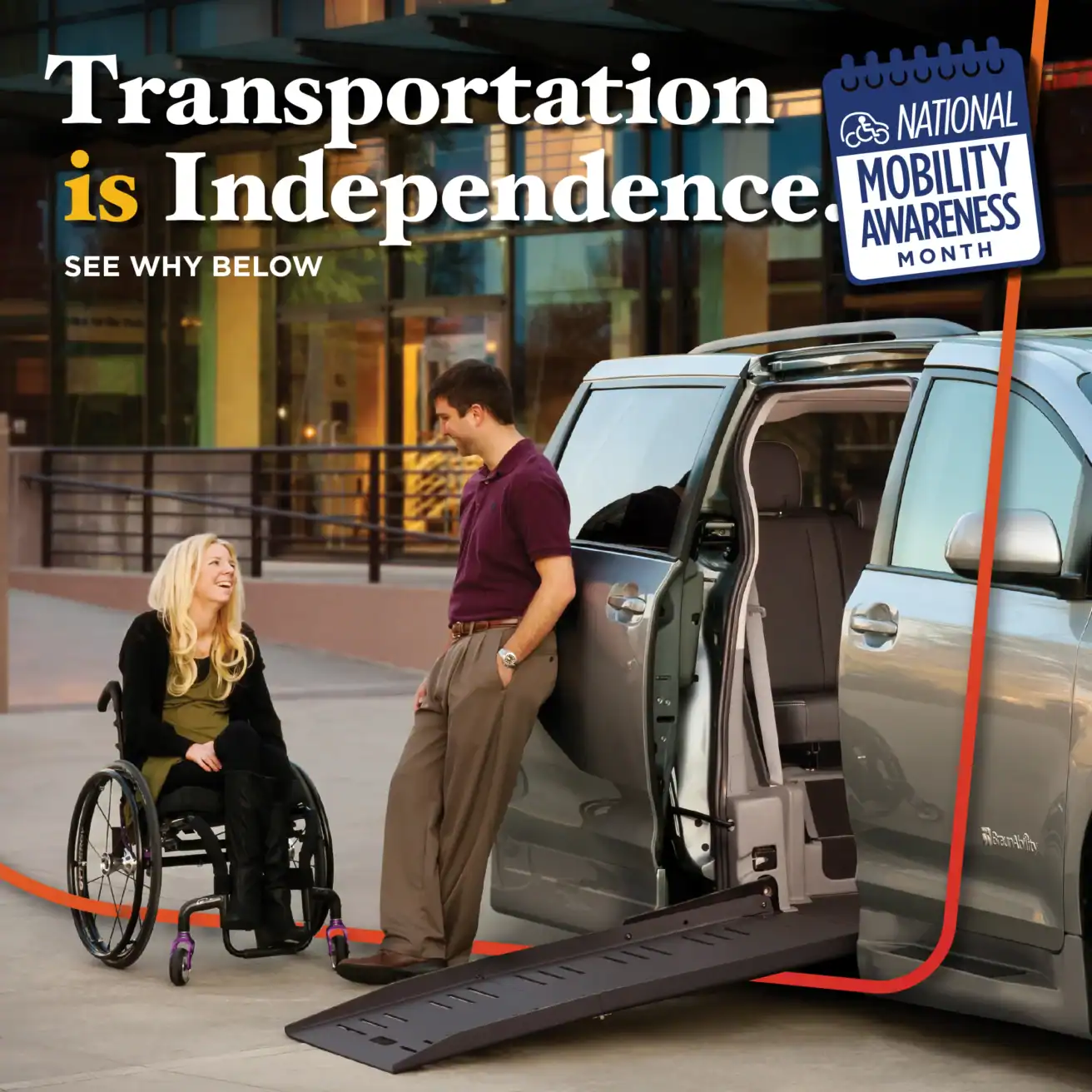 A woman in a wheelchair and a man talk beside a van with a deployed wheelchair ramp. Text highlights National Mobility Awareness Month.