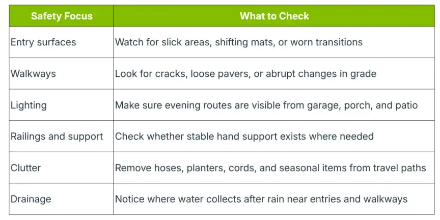 A table lists safety checks for home areas, including entry surfaces, walkways, lighting, railings, clutter, and drainage, with specific inspection tips for each.