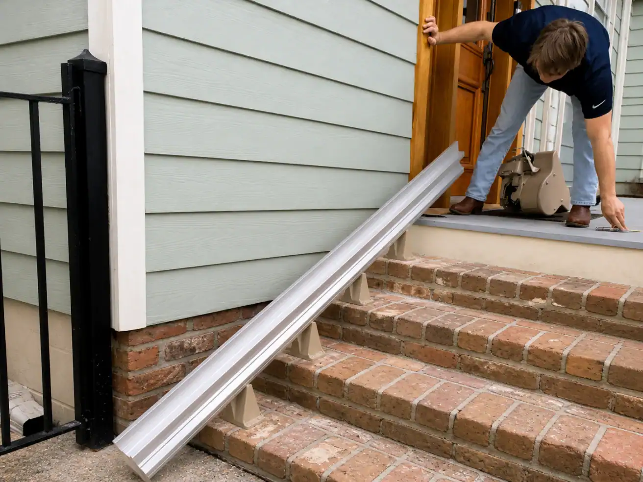 A person installs a portable aluminum ramp over brick steps leading to a doorway of a house.