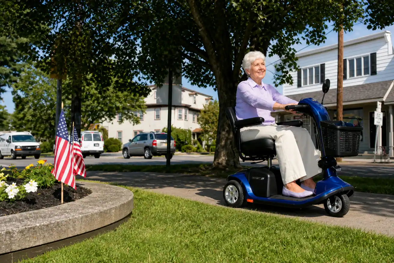 An elderly woman rides a mobility scooter on a sidewalk near a flower bed with an American flag in a suburban neighborhood.