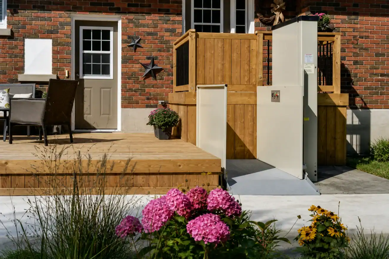 A residential outdoor lift beside a wooden deck provides wheelchair accessibility to the house; pink and yellow flowers grow in the foreground.