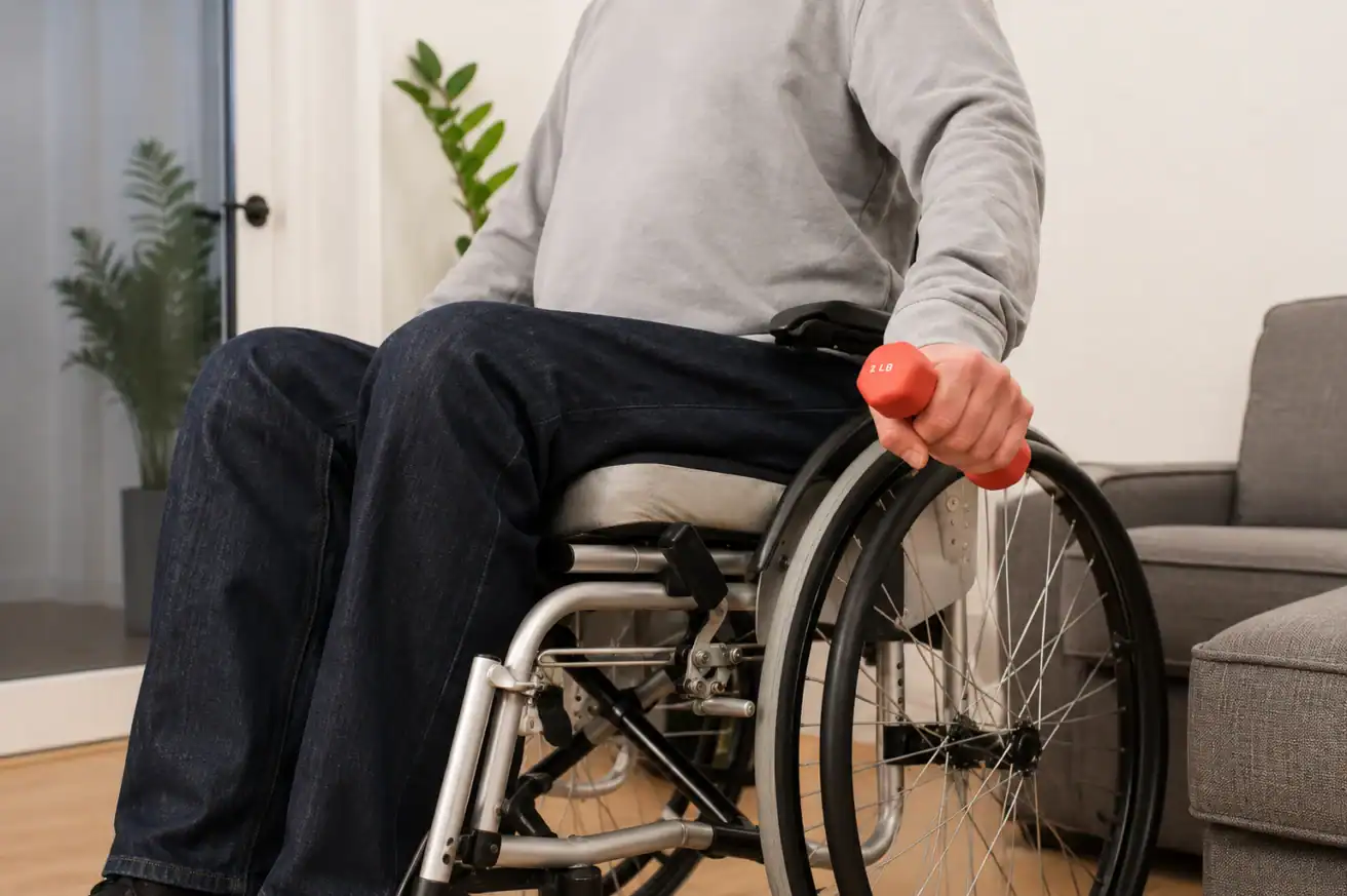 A person in a wheelchair holds a red dumbbell indoors, near a gray sofa and a potted plant.