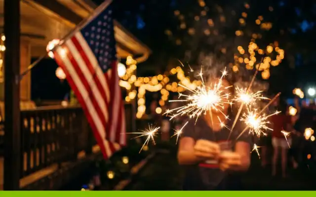 Person holding sparklers outdoors at night with an American flag and string lights in the background.