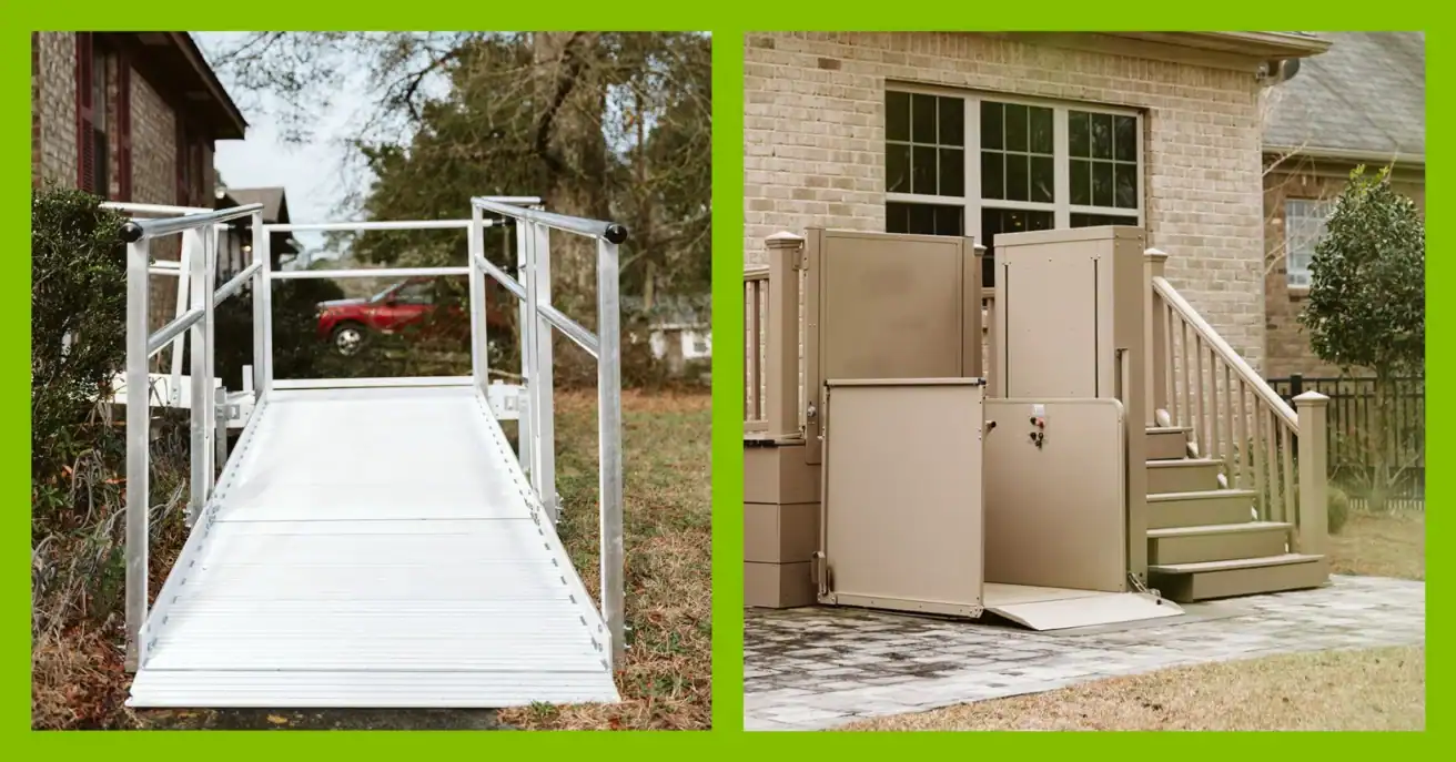 Side-by-side images of an aluminum wheelchair ramp attached to a porch and a residential vertical platform lift next to steps outside a brick house.