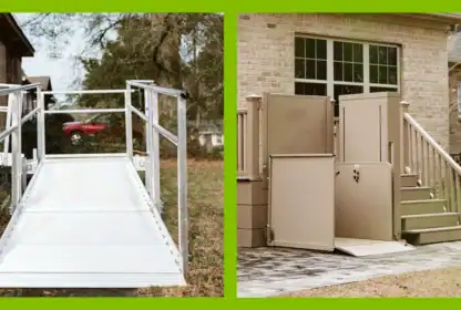 Side-by-side images of an aluminum wheelchair ramp attached to a porch and a residential vertical platform lift next to steps outside a brick house.