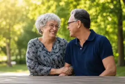 An older couple sits at an outdoor table, smiling at each other with green trees in the background.
