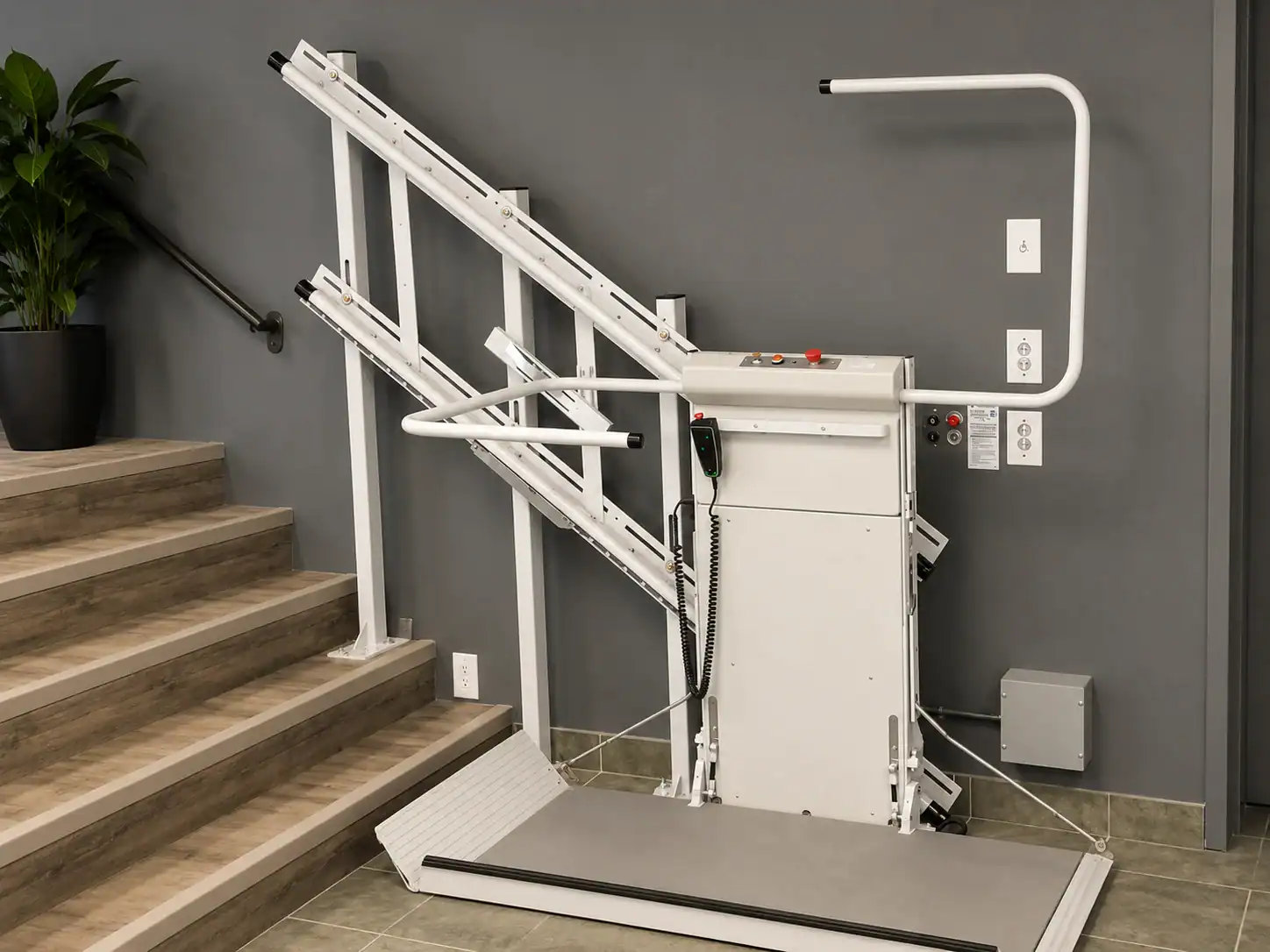 A white platform stair lift is installed next to a set of indoor stairs with a potted plant on the left and a gray wall in the background.