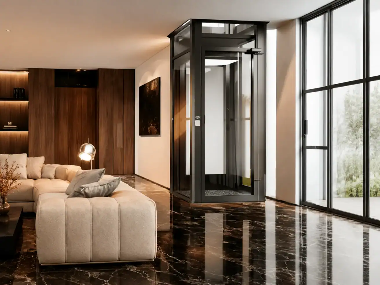 Modern living room with a beige sectional sofa, dark marble floor, wood-paneled wall, large windows, and a glass home elevator in the corner.