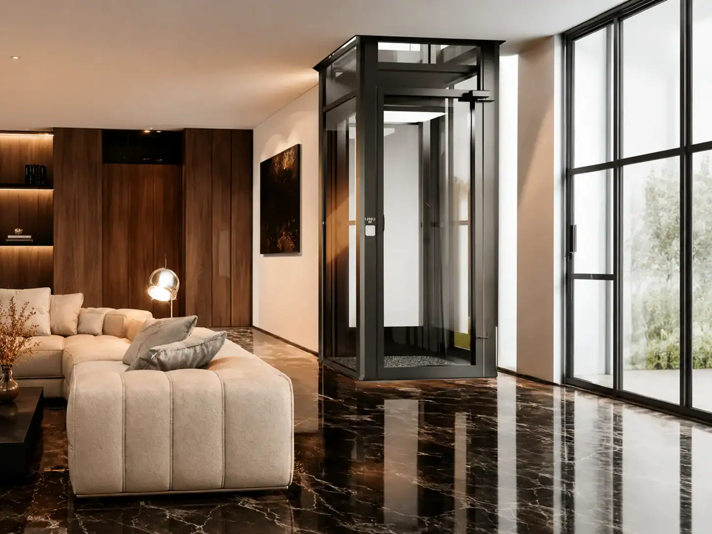 Modern living room with a beige sectional sofa, dark marble floor, wood-paneled wall, large windows, and a glass home elevator in the corner.