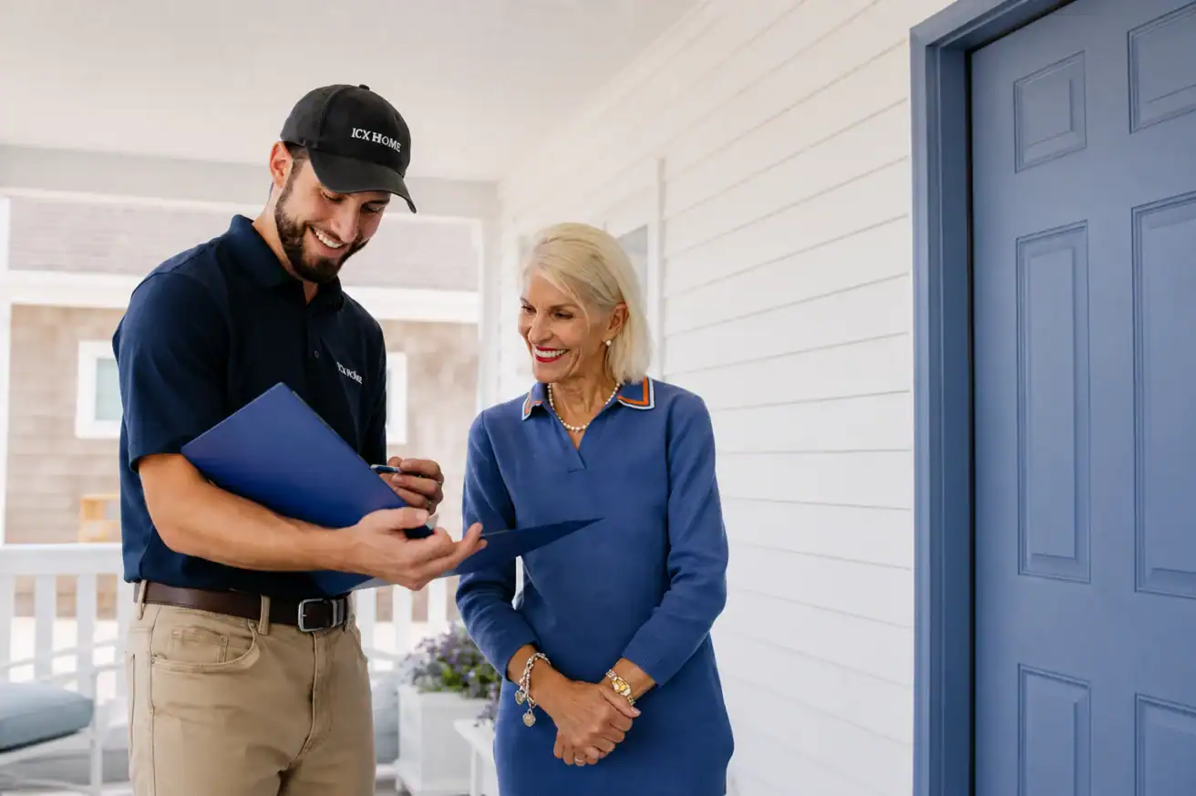 A man in a uniform shows documents to a woman standing next to him on a porch near a blue door.