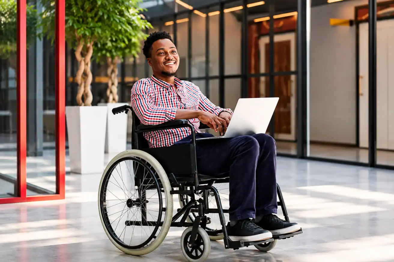 A man in a wheelchair sits indoors, smiling and working on a laptop.