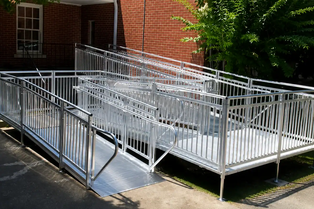 An outdoor metal wheelchair ramp with railings provides accessible entry to a brick building.