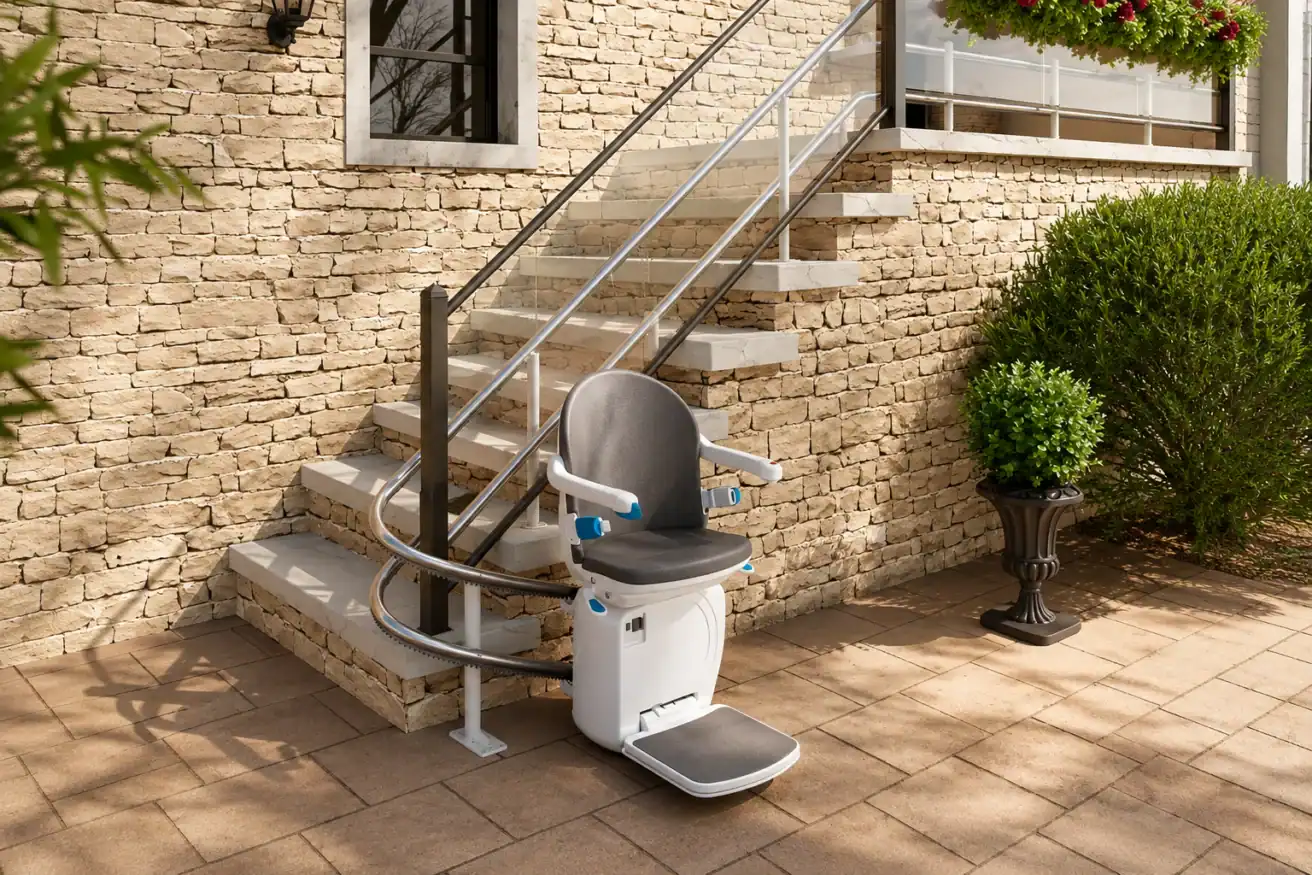 A stairlift is installed along an outdoor staircase with a stone wall and metal railing, providing accessibility between the patio and the elevated entrance.