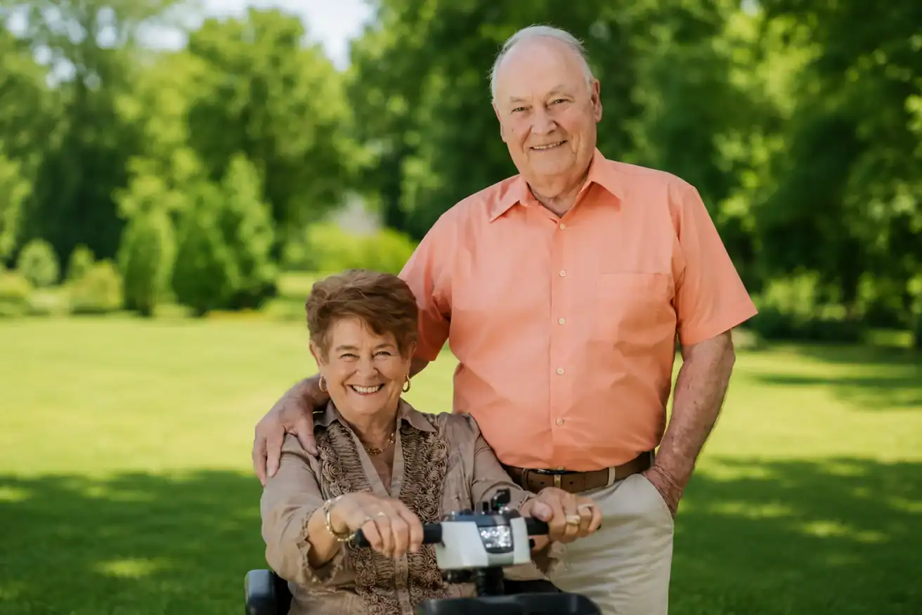 An older woman sits on a mobility scooter while an older man stands next to her outdoors in a park-like setting, both smiling at the camera.