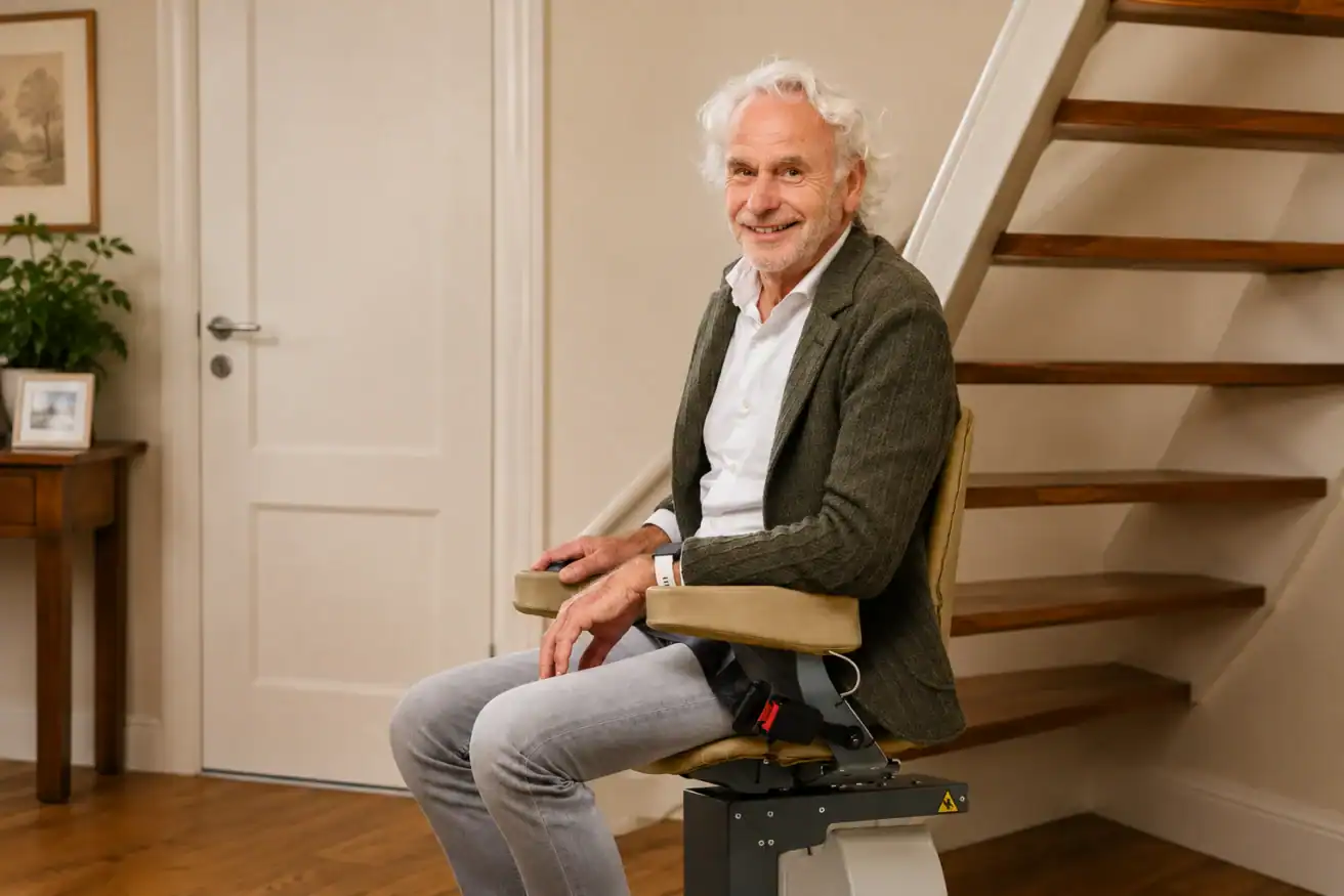 An older man with white hair sits on a stairlift at the base of a wooden staircase in a home, smiling at the camera.
