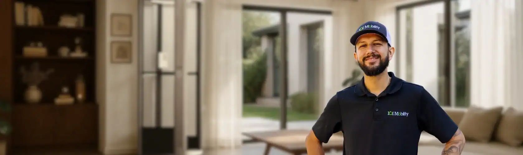 A man in a black polo shirt and cap stands smiling in a bright, modern living room with large windows and light curtains.