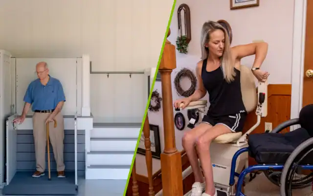 An older man uses a vertical platform lift, while a woman sits on a stairlift next to a wheelchair in a home setting.