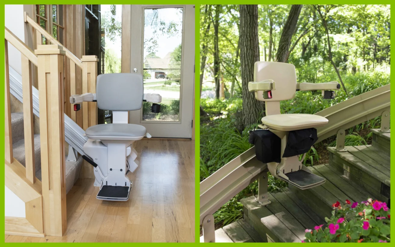 Side-by-side images of stairlifts: one installed indoors on a wooden staircase, and one installed outdoors on a curved staircase with greenery in the background.
