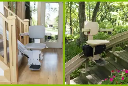 Side-by-side images of stairlifts: one installed indoors on a wooden staircase, and one installed outdoors on a curved staircase with greenery in the background.