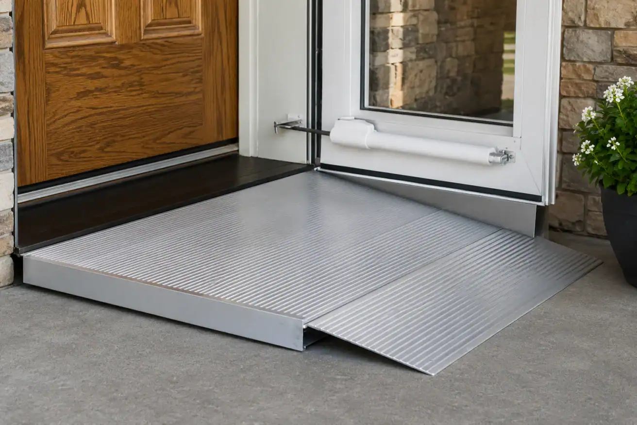 A metal wheelchair ramp is installed at a doorway, providing easy access from the concrete patio to the entrance of the building.