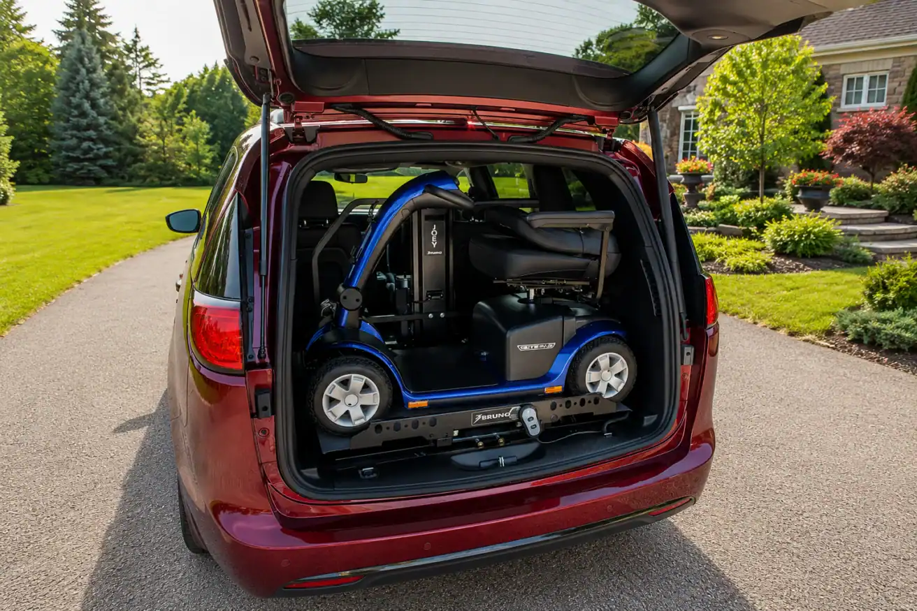 A red minivan with its rear hatch open, showing a mobility scooter stored in the back. The vehicle is parked on a driveway beside a landscaped yard.