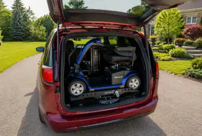 A red minivan with its rear hatch open, showing a mobility scooter stored in the back. The vehicle is parked on a driveway beside a landscaped yard.
