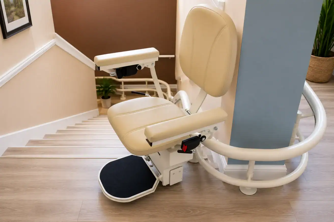 A beige stair lift chair is installed on a curved rail along a wooden staircase in a residential setting.