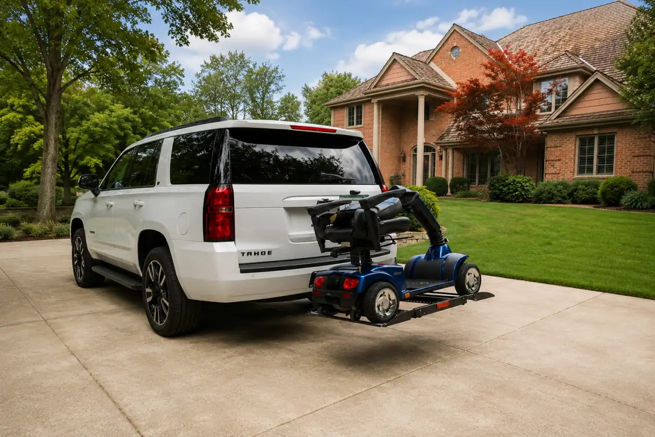 A white SUV with a mobility scooter attached to a rear lift platform is parked in the driveway of a suburban home.