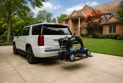 A white SUV with a mobility scooter attached to a rear lift platform is parked in the driveway of a suburban home.