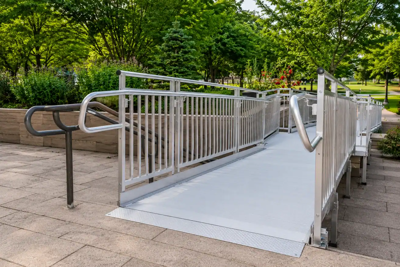 A metal wheelchair ramp with handrails on both sides is installed on a paved walkway, surrounded by landscaped greenery and trees in an outdoor park setting.