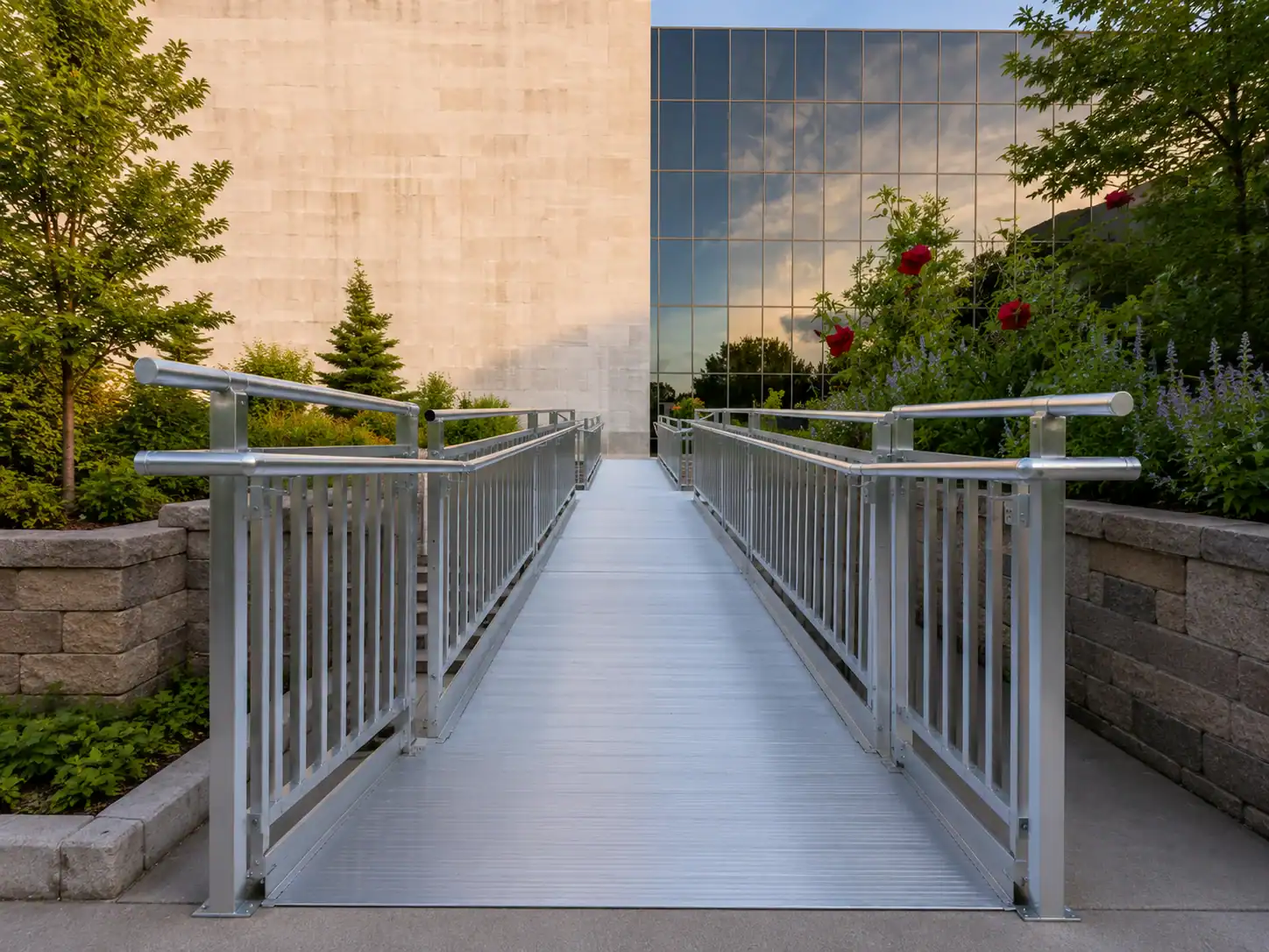 A metal pedestrian bridge with railings leads to a modern building with glass windows, surrounded by trees and shrubs.