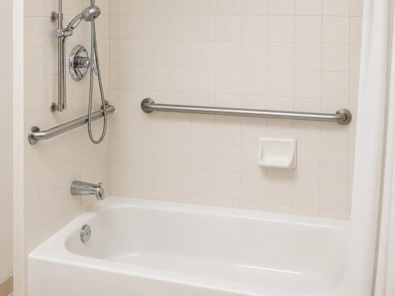 White bathtub with a showerhead, faucet, two metal grab bars, a soap dish, and white tiled walls.