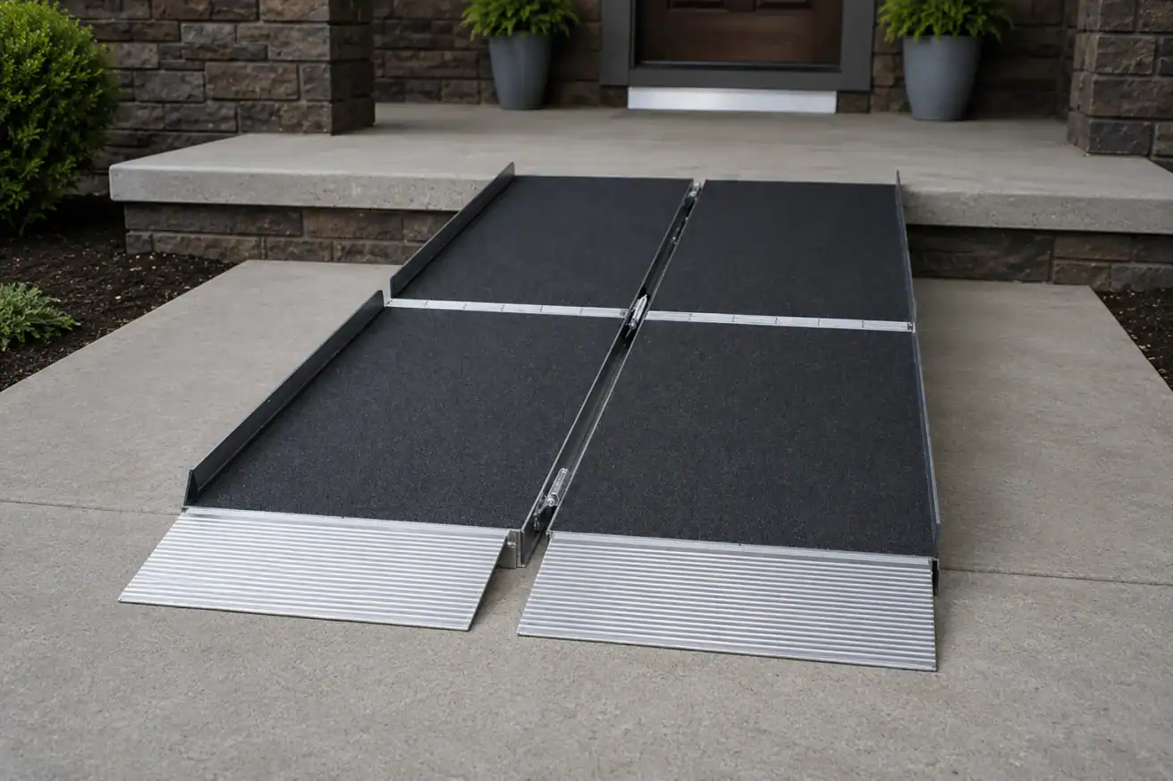 A portable, foldable wheelchair ramp is set up on a concrete entrance, leading to a raised doorway with two potted plants by the door.
