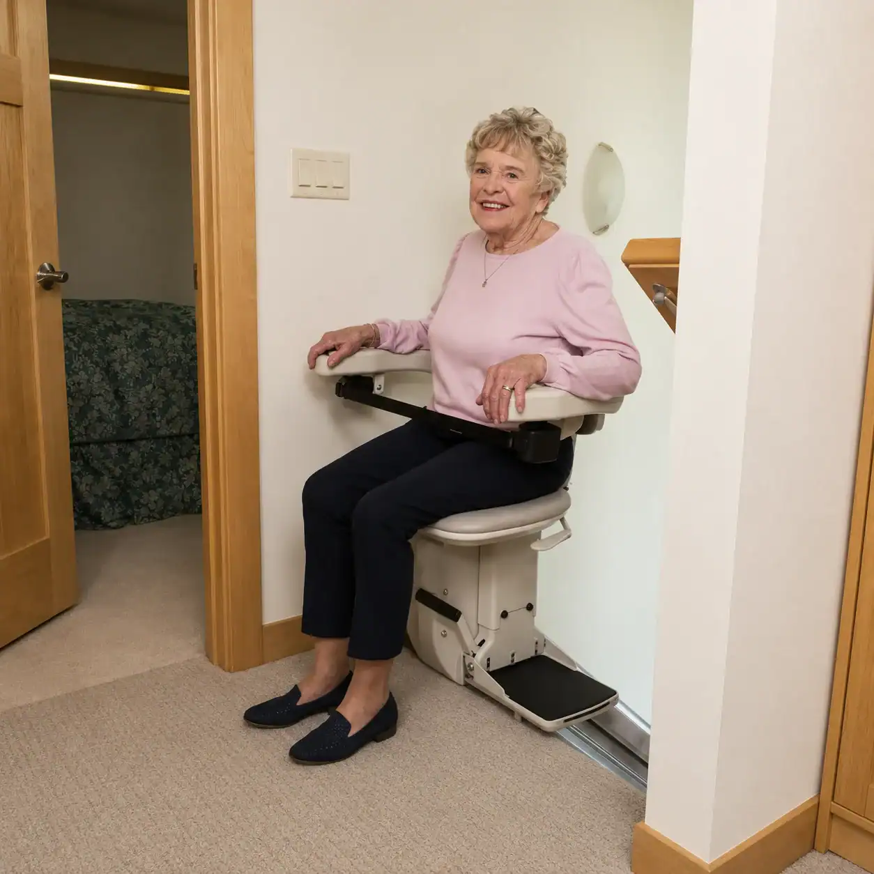 An older woman sits on a stair lift chair at the bottom of a staircase in a home, smiling at the camera.