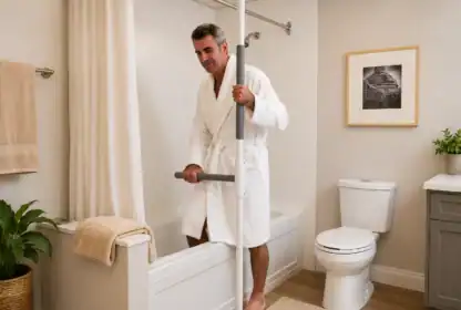 A man in a white bathrobe uses a vertical grab bar to step into a bathtub in a modern bathroom with neutral decor.