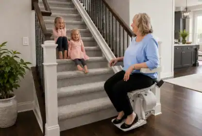 Older woman sits on a stair lift at the bottom of carpeted stairs, smiling at two young girls sitting on the steps in a modern, bright home.