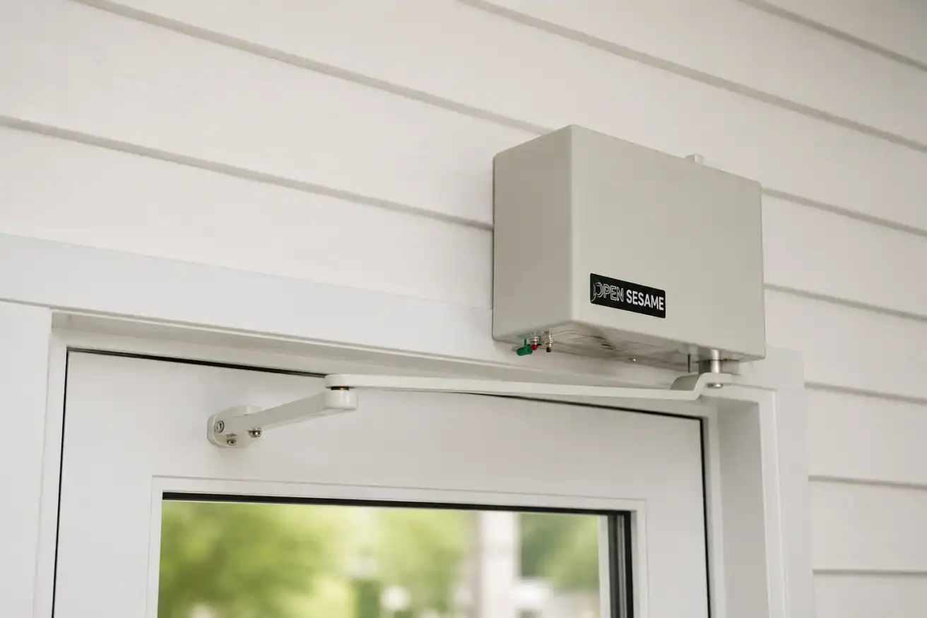 A gray automatic door opener labeled "Open Sesame" is mounted above a white framed glass door on a paneled wall.
