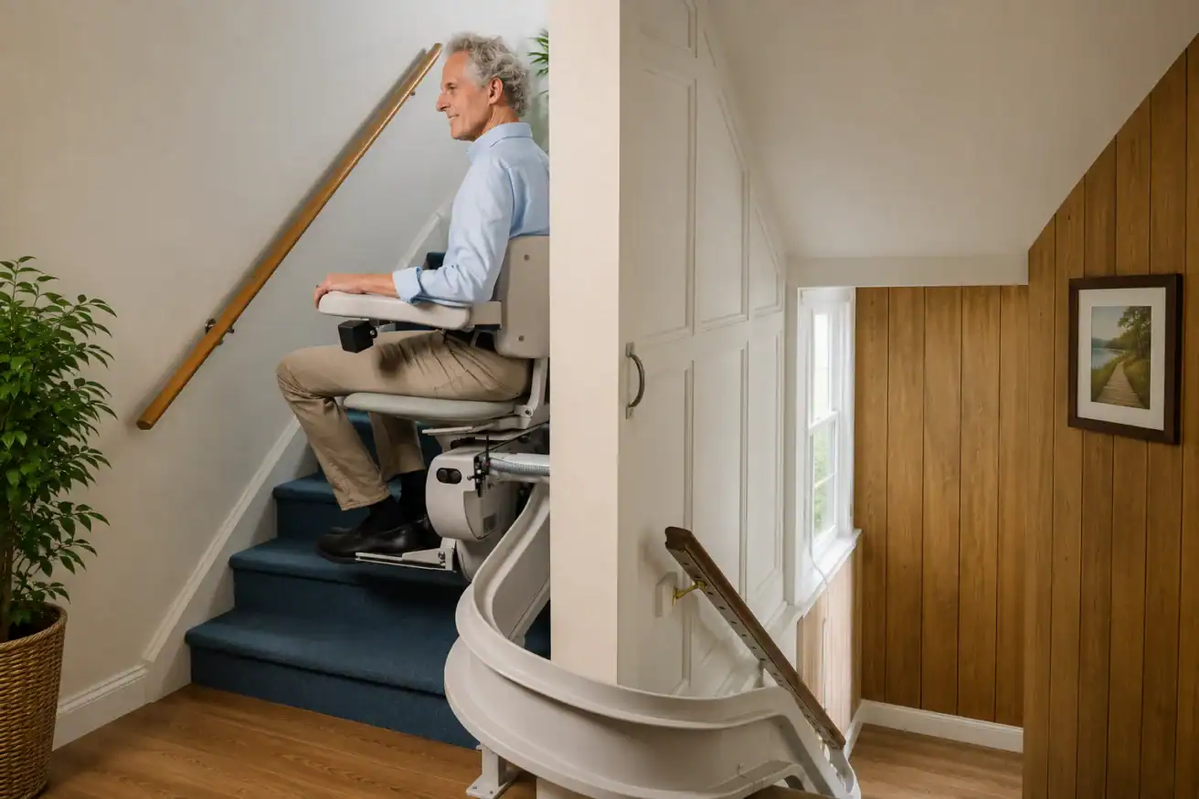 An older man rides a stairlift up a carpeted staircase in a home. The stairlift curves at the bottom, and the walls are decorated with plants, wood paneling, and framed pictures.
