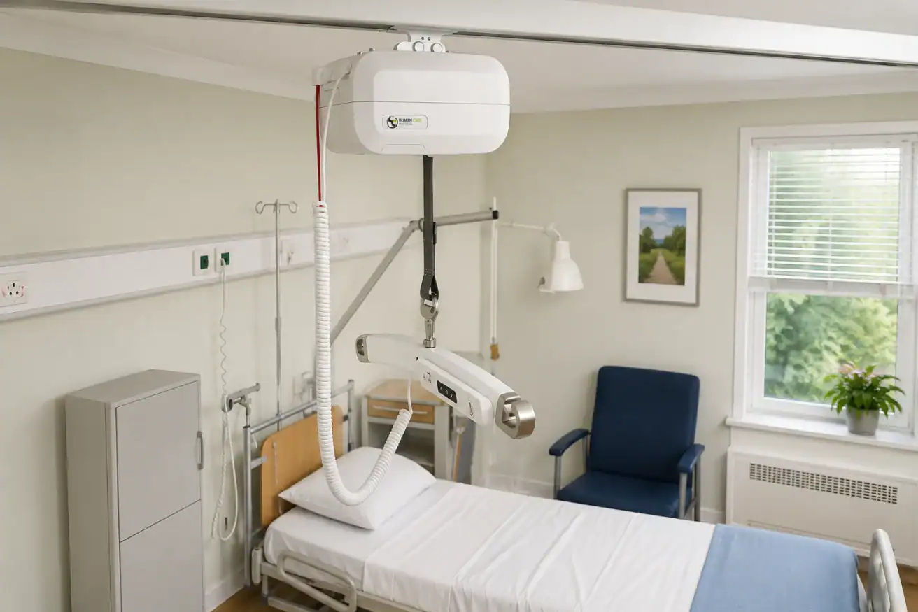Hospital room with a patient bed, blue chair, window, medical lift system overhead, medical equipment, and a potted plant on the windowsill.
