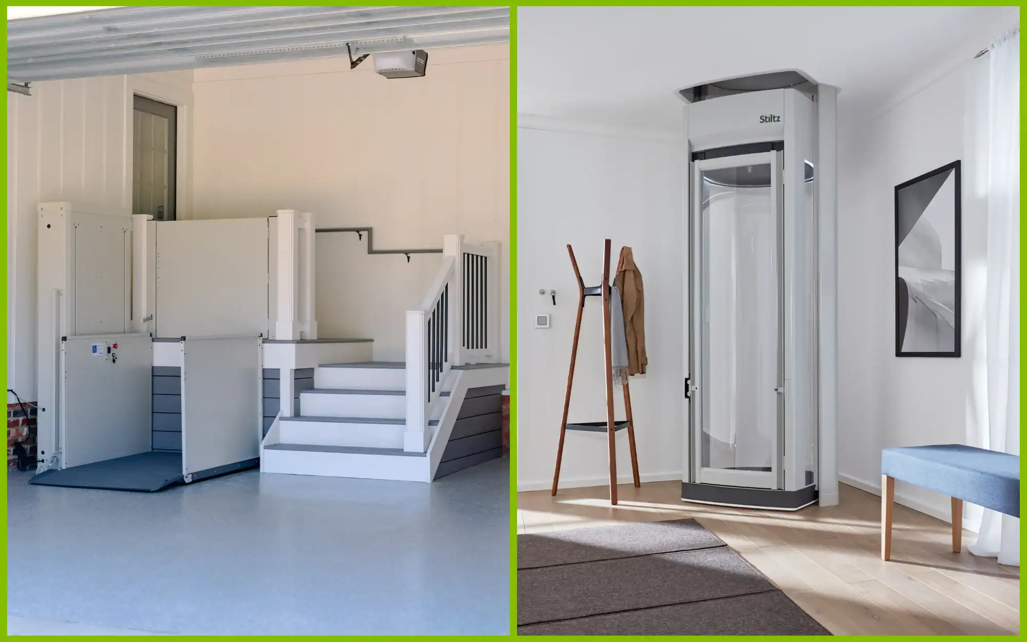 Split image showing two home lift solutions: on the left, a platform lift beside stairs; on the right, a compact residential elevator in a modern room with minimal furniture.
