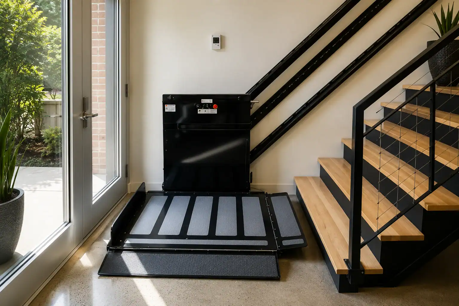 A platform lift is installed beside a staircase, providing wheelchair access between floors in a building with modern decor.
