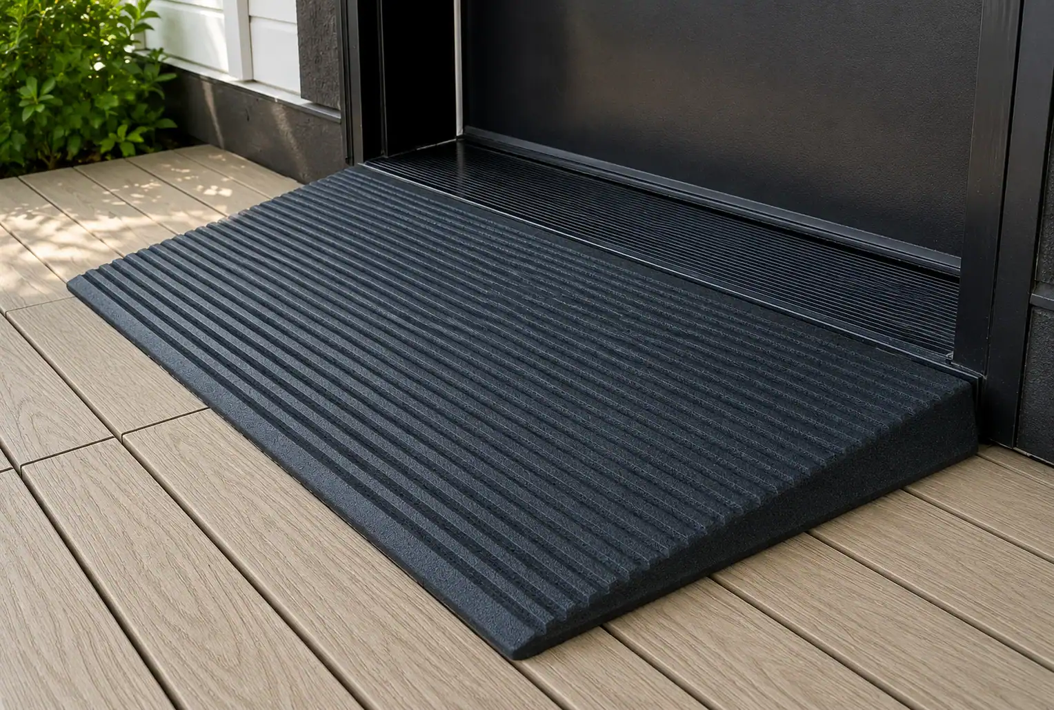 Black rubber threshold ramp placed against a doorway on a light wood deck, providing an accessible entryway to the building.